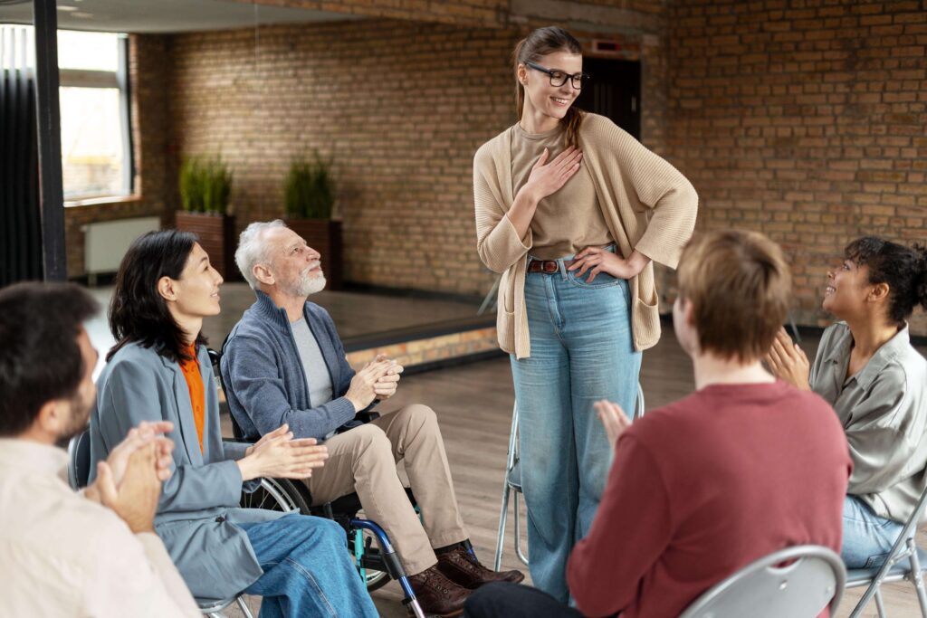 grateful woman receiving with group centre activities